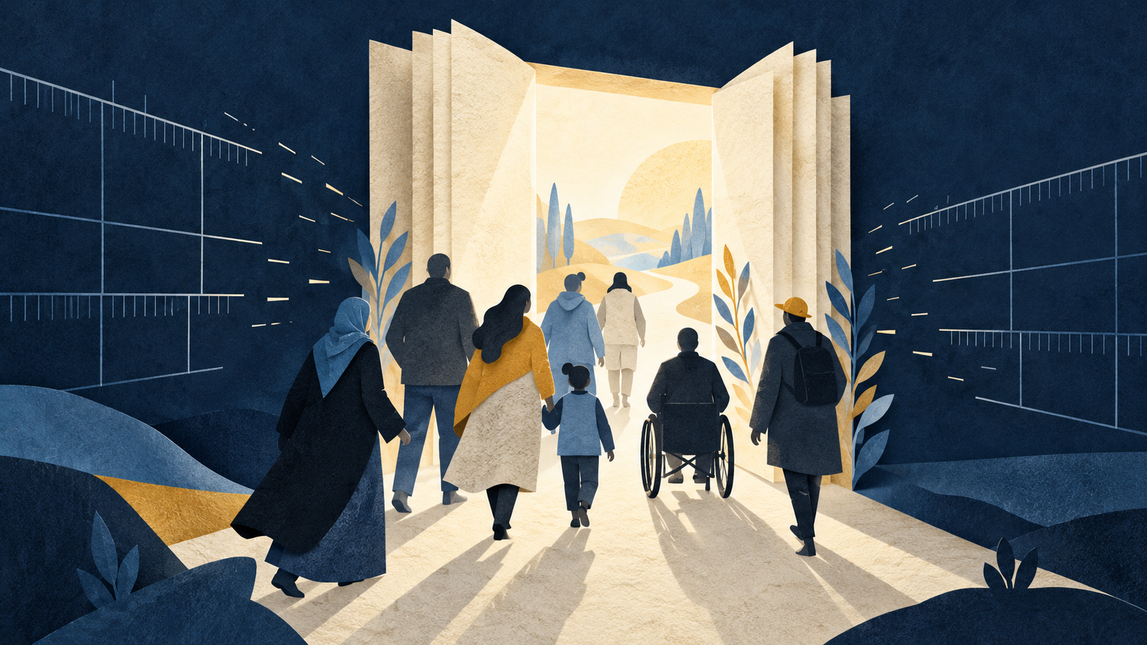 Conceptual illustration: people approaching an open doorway formed from book pages.
